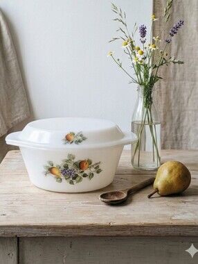 Vintage Arcopal France Casserole Dish – Fruit Motif – Cottagecore Kitchen Decor